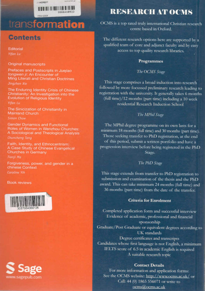 Transformation: An International Journal of Holistic Mission Studies  | Vol. 43 | No.1| 2026