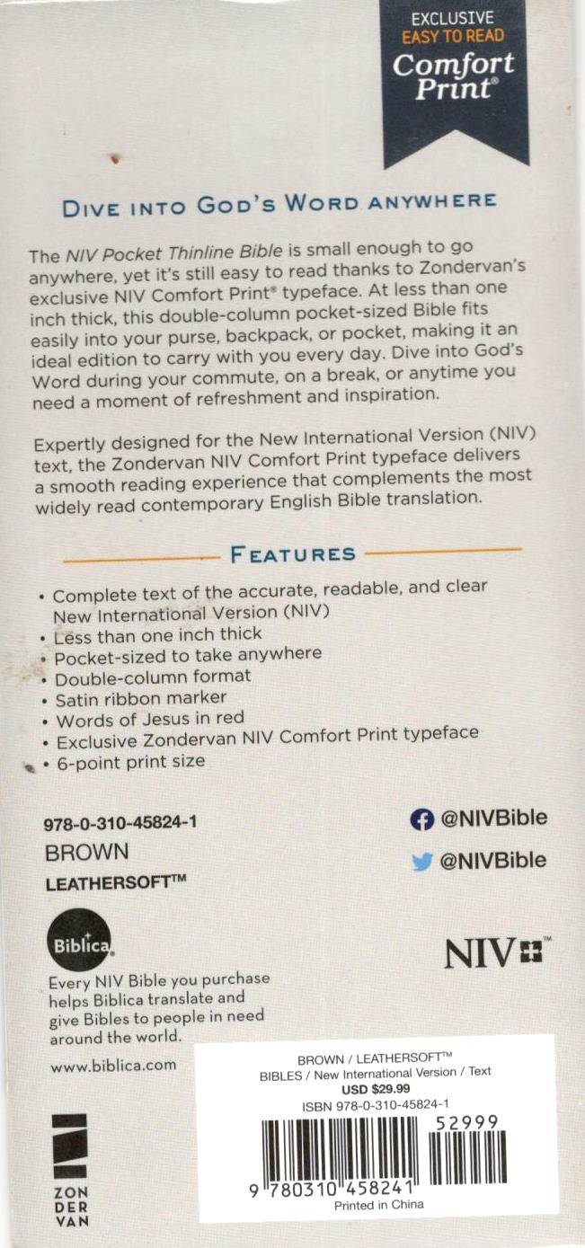 NIV - Pocket Thinline Bible (Brown)