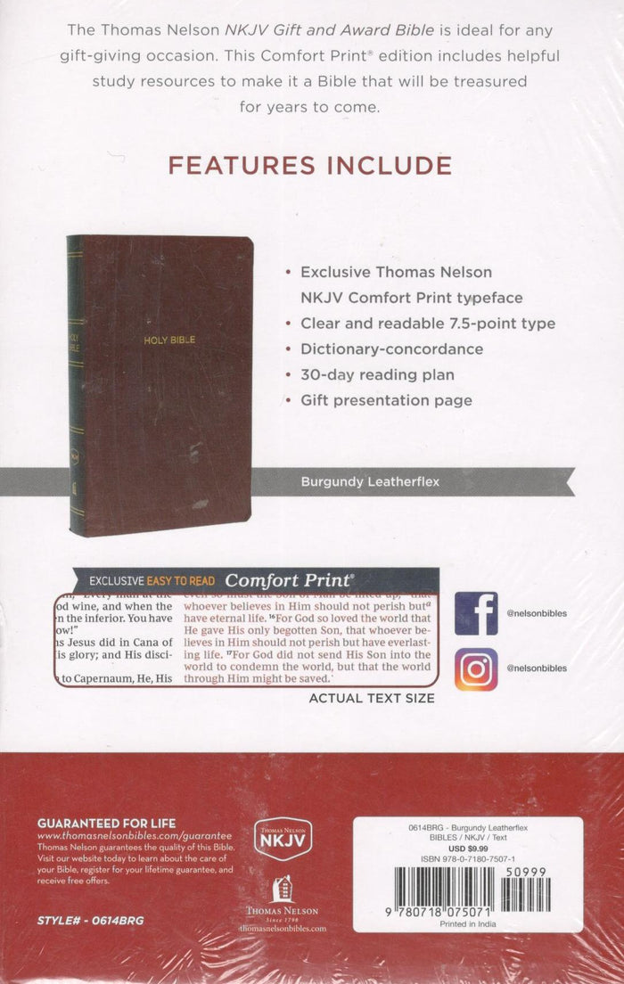 NKJV: Gift & Award Bible (Burgundy), Red Letter, Comfort Print
