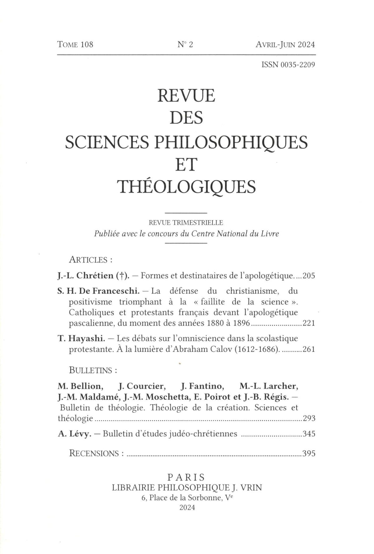 Revue Des Sciences Philosohiques Ee Theologiques (Review of Philosophical and Theological Sciences ) | Vol. 108 No. 2 | April-June 2024