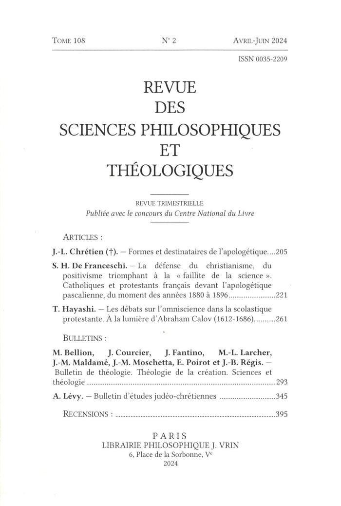 Revue Des Sciences Philosohiques Ee Theologiques (Review of Philosophical and Theological Sciences ) | Vol. 108 No. 2 | April-June 2024