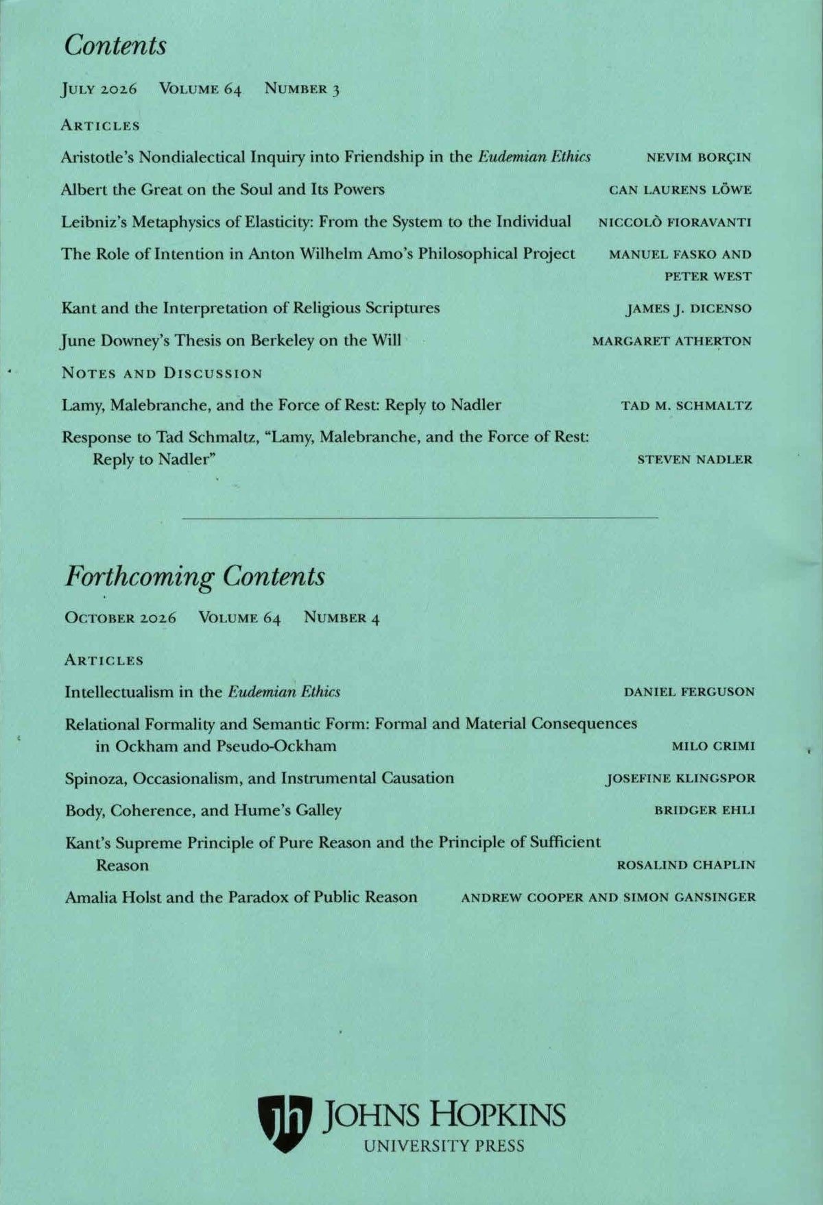 Journal of the History of Philosophy |Vol.64 |No.3 |Jul 2026